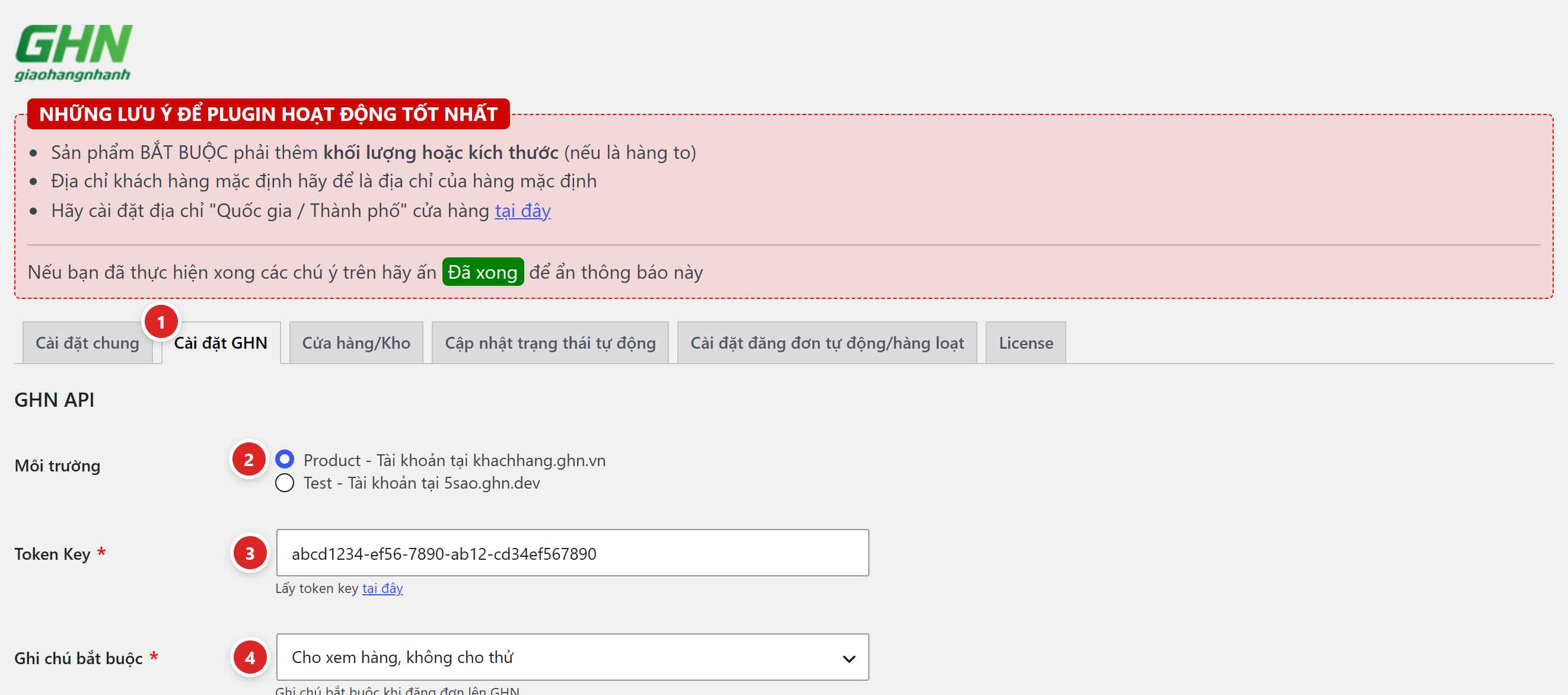 Tab Cài đặt GHN với lựa chọn môi trường, ô Token Key và ô Ghi chú bắt buộc