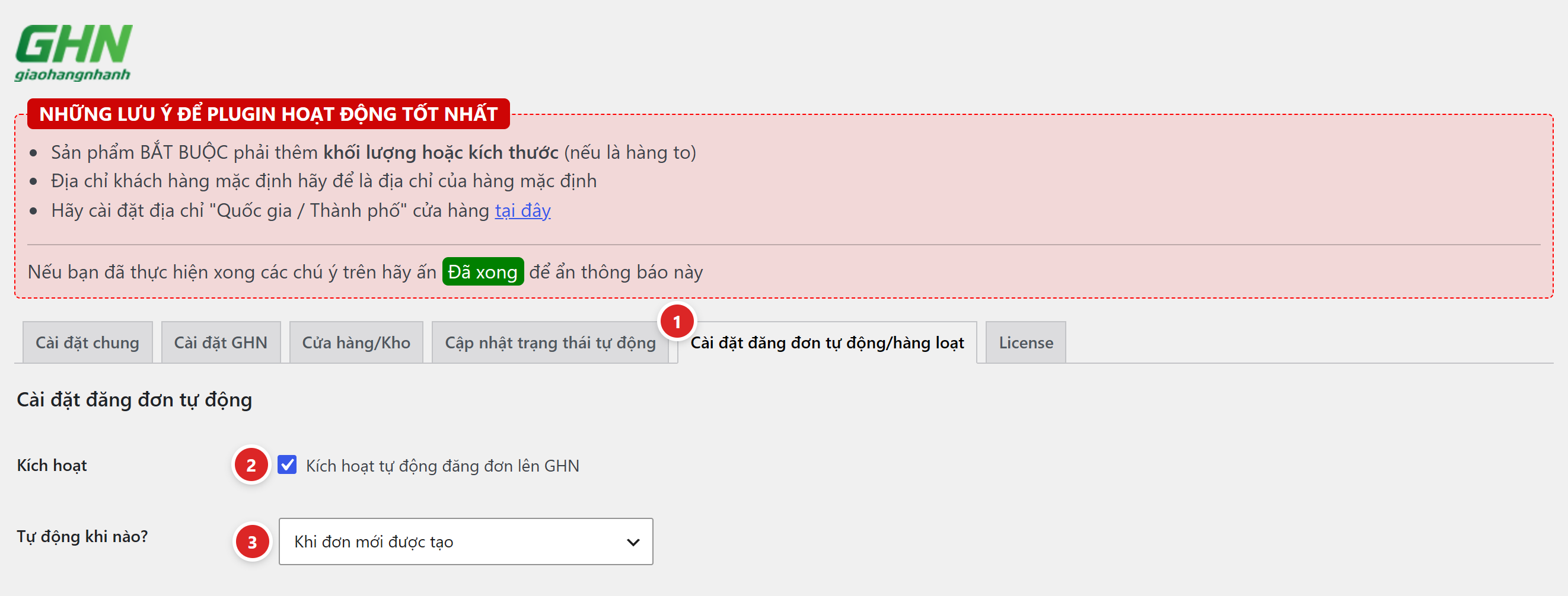 Tab Cài đặt đăng đơn tự động với ô Kích hoạt và ô chọn Tự động khi nào