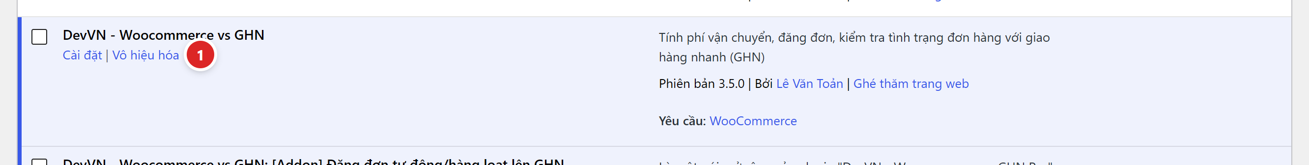 Dòng plugin DevVN Woocommerce vs GHN trong danh sách plugin đã cài đặt