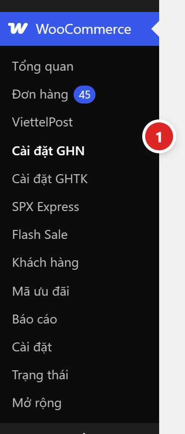 Menu WooCommerce trong quản trị WordPress, mục Cài đặt GHN