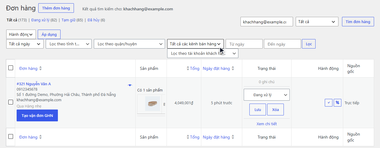 Danh sách đơn hàng WooCommerce, dòng đơn có nút Tạo vận đơn GHN ngay dưới địa chỉ khách