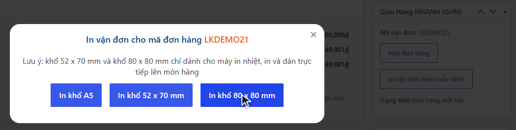 Hộp In vận đơn cho mã đơn hàng với ba nút In khổ A5, In khổ 52 x 70 mm, In khổ 80 x 80 mm