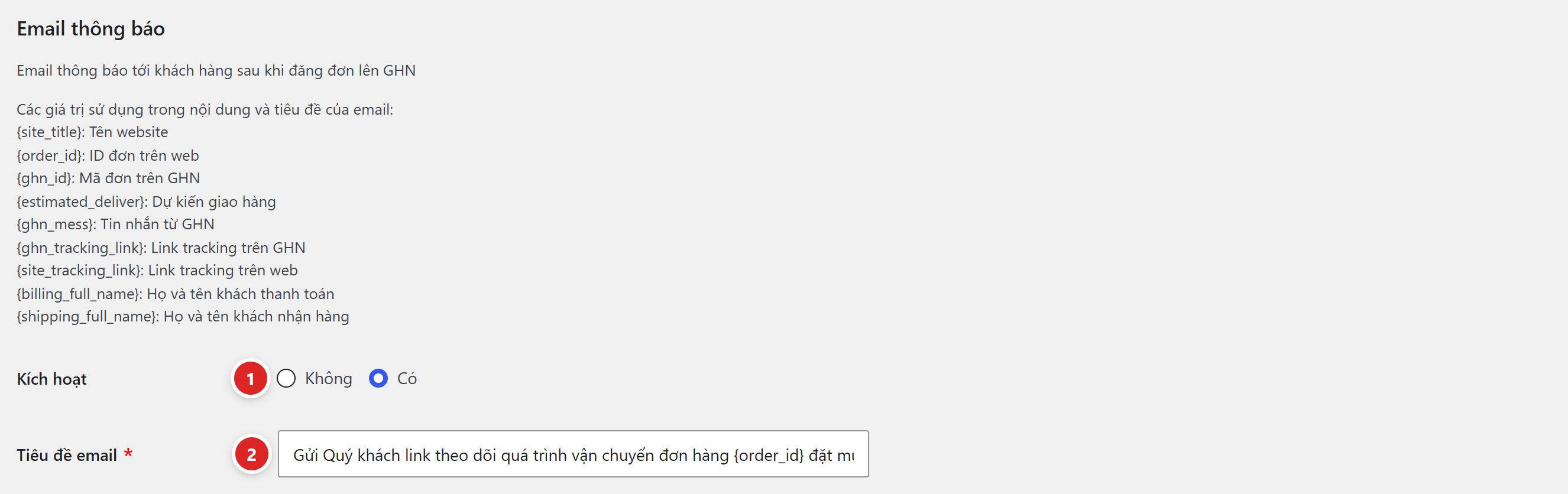 Khối Email thông báo với danh sách mã thay thế, ô Kích hoạt và ô Tiêu đề email