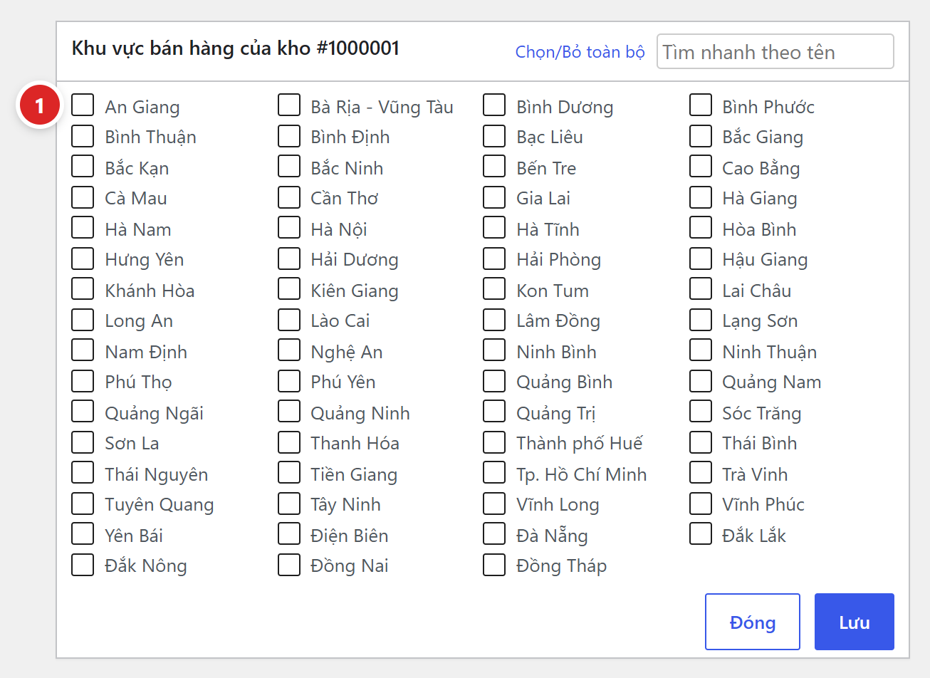 Bảng khu vực bán hàng của kho với danh sách tỉnh thành có ô tích, ô tìm nhanh theo tên và nút Lưu