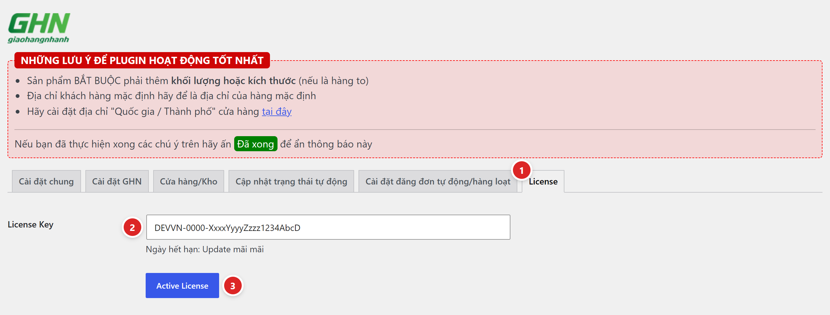 Tab License của plugin GHN với ô License Key, ngày hết hạn và nút Active License