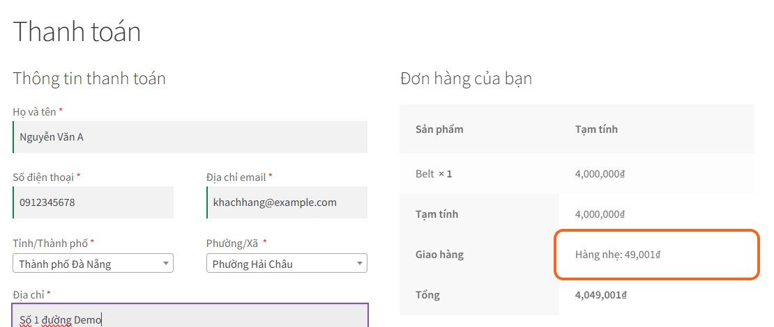Trang thanh toán WooCommerce với ô Tỉnh/Thành phố và Phường/Xã, dòng Giao hàng hiện gói Hàng nhẹ kèm phí