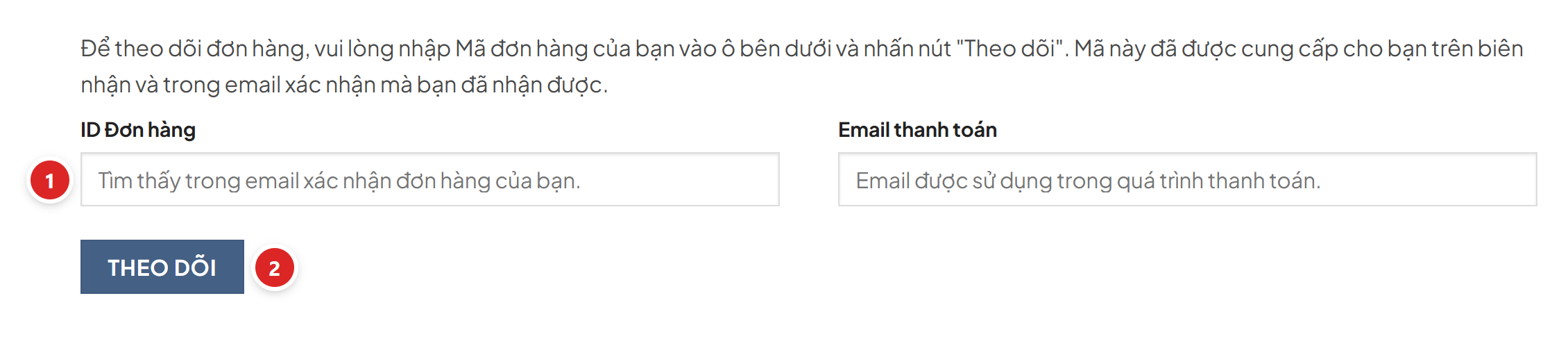 Form theo dõi đơn hàng với ô ID đơn hàng, ô Email thanh toán và nút Theo dõi