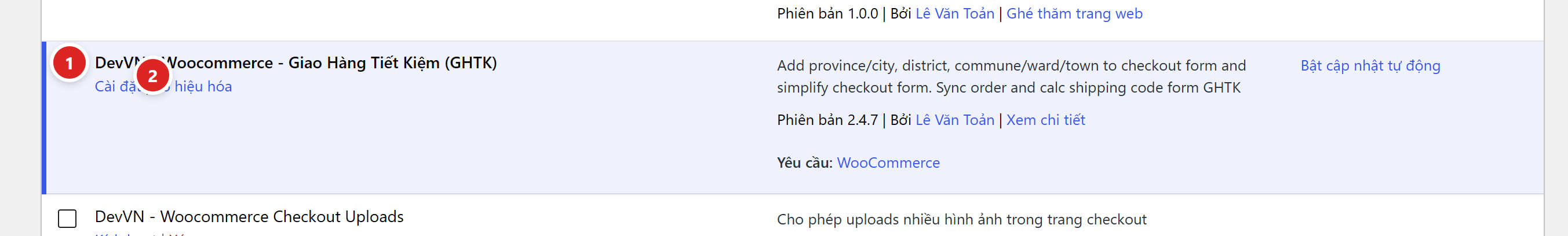 Dòng plugin GHTK trong danh sách plugin, tên plugin đánh số 1 và liên kết Vô hiệu hoá đánh số 2