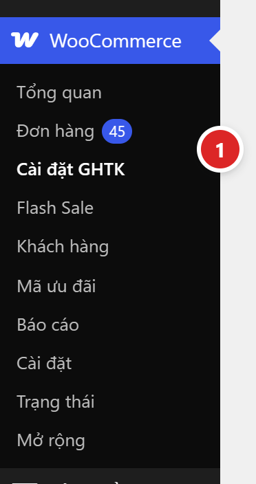 Menu WooCommerce với mục Cài đặt GHTK được đánh số 1