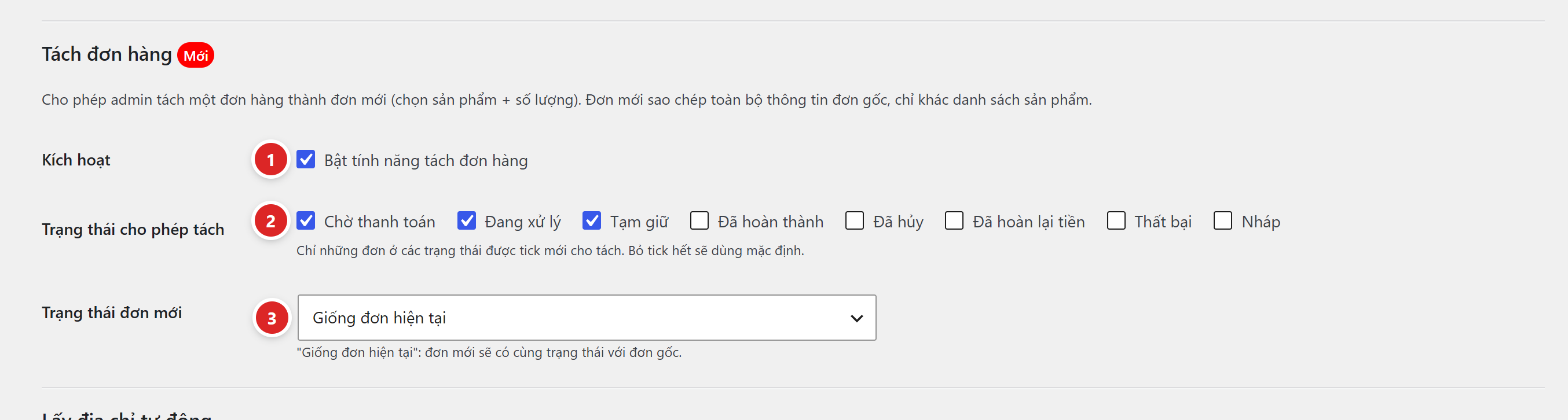 Khối Tách đơn hàng với ô kích hoạt, danh sách trạng thái cho phép tách và trạng thái đơn mới