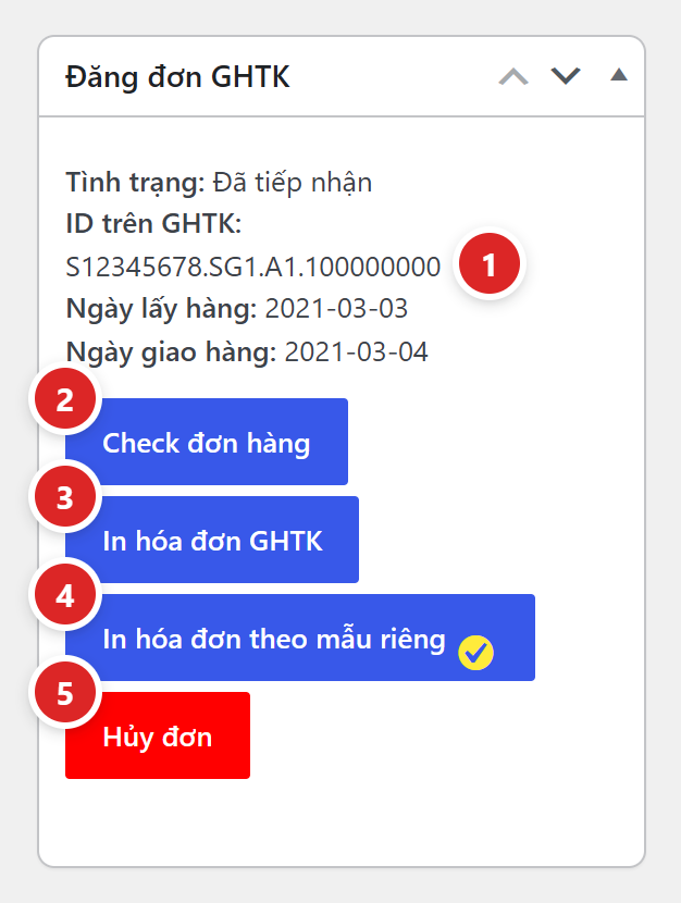 Hộp Đăng đơn GHTK của đơn đã đăng, hiện tình trạng, ID trên GHTK, ngày lấy hàng, ngày giao hàng và bốn nút thao tác