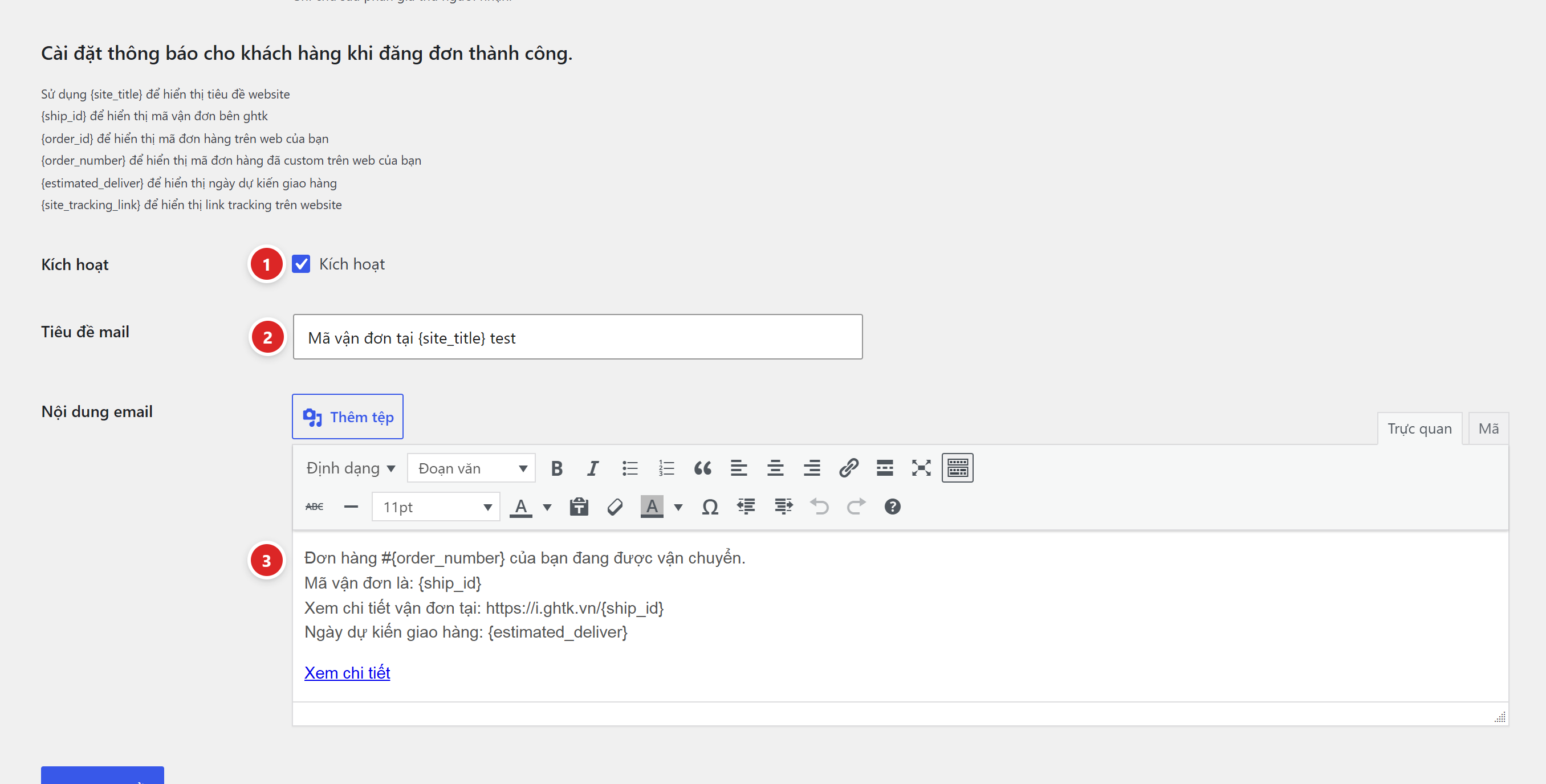 Khối cài đặt thông báo cho khách hàng với ô kích hoạt, tiêu đề mail và trình soạn thảo nội dung email
