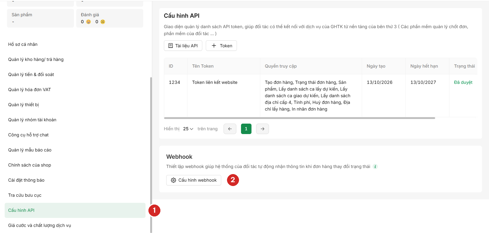 Trang Thông tin tài khoản trên GHTK, mục Cấu hình API ở cột trái đánh số 1 và nút Cấu hình webhook đánh số 2