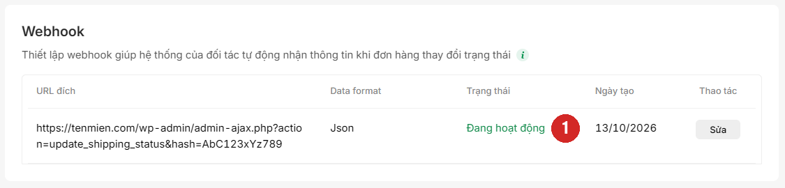 Khối Webhook trên GHTK sau khi lưu: dòng URL đích, Data format Json, Trạng thái Đang hoạt động đánh số 1