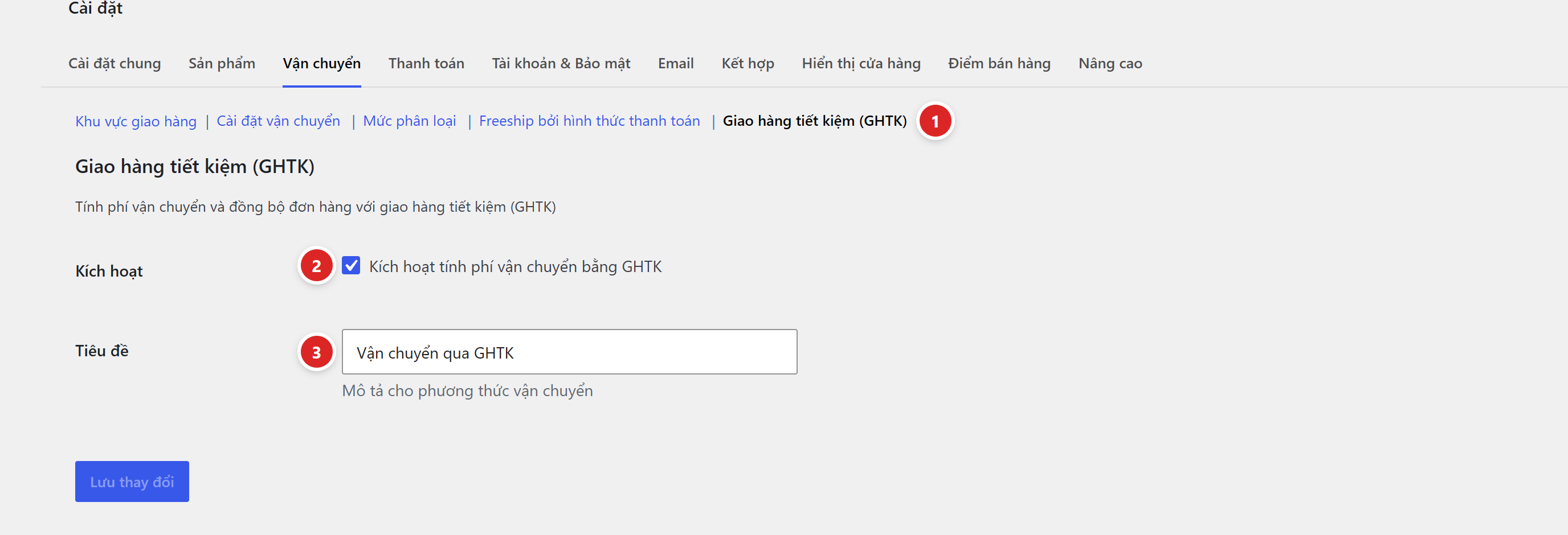 Trang Cài đặt vận chuyển của WooCommerce, mục Giao hàng tiết kiệm với ô Kích hoạt và ô Tiêu đề, mỗi ô một chấm số