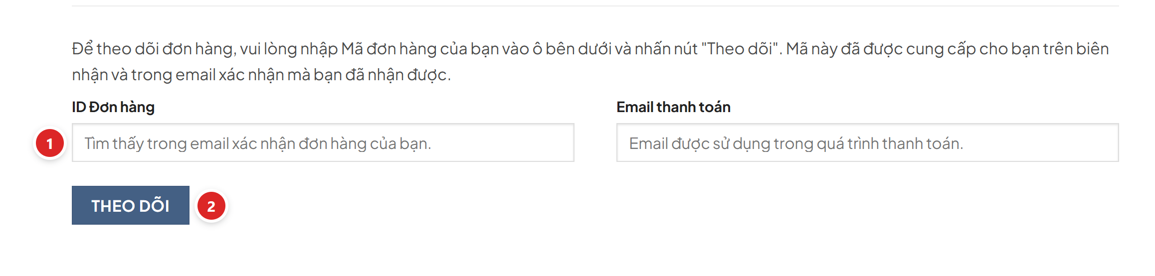 Biểu mẫu tra cứu đơn hàng với ô ID Đơn hàng, ô Email thanh toán và nút Theo dõi