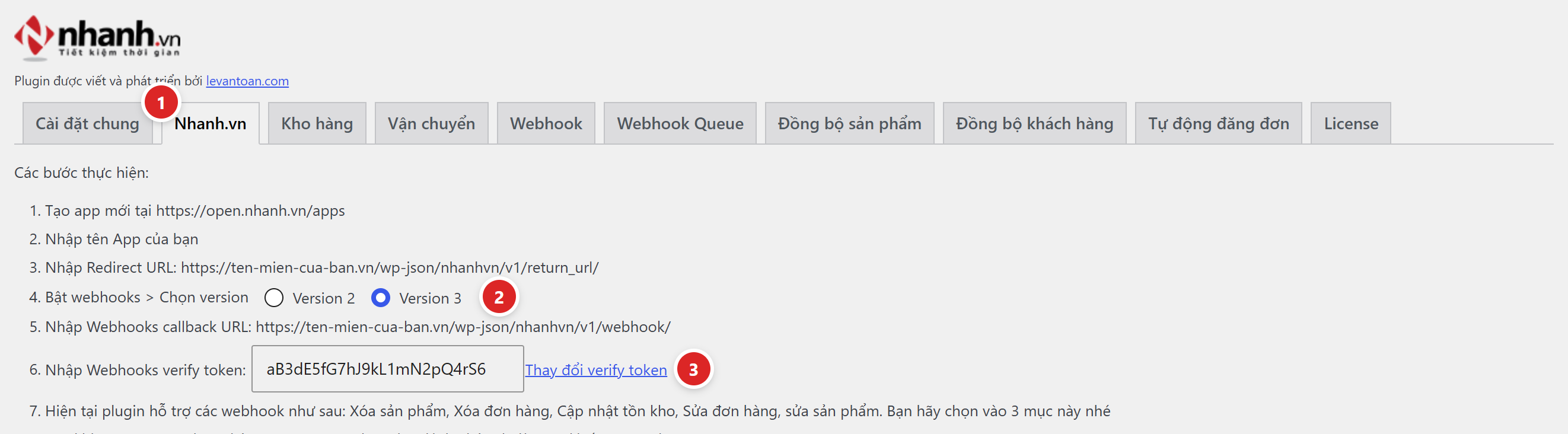 Tab Nhanh.vn với danh sách các bước, lựa chọn Version 2 hoặc Version 3, Redirect URL, Webhooks callback URL và ô verify token