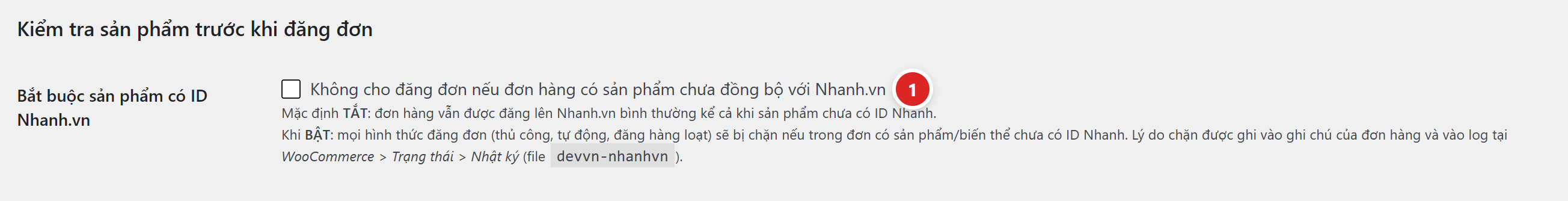 Ô Bắt buộc sản phẩm có ID Nhanh.vn với giải thích mặc định tắt và khi bật