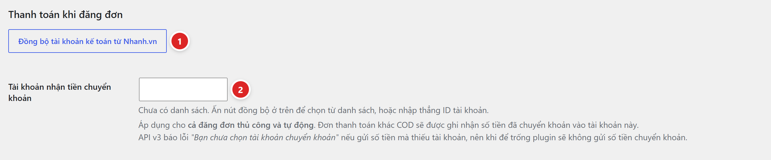 Khối Thanh toán khi đăng đơn với nút Đồng bộ tài khoản kế toán từ Nhanh.vn và ô Tài khoản nhận tiền chuyển khoản