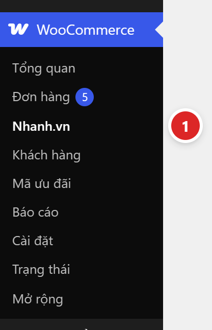 Menu WooCommerce trong quản trị WordPress, mục Nhanh.vn được đánh số 1