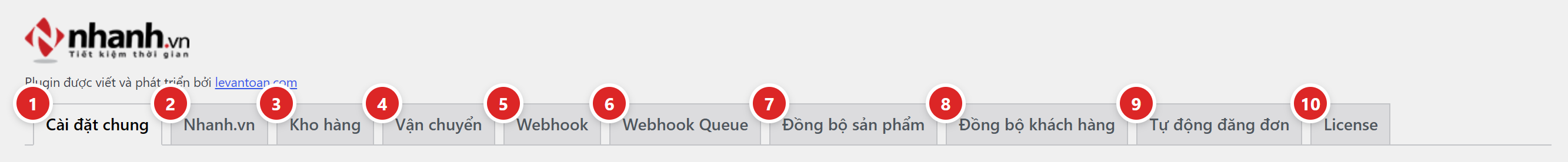 Thanh tab của trang cài đặt Nhanh.vn với mười tab được đánh số từ Cài đặt chung tới License