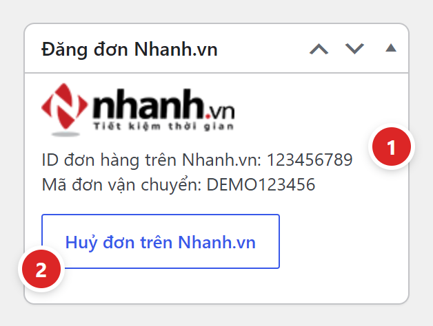 Hộp Đăng đơn Nhanh.vn của đơn đã đăng với ID đơn hàng trên Nhanh.vn, mã đơn vận chuyển và nút Huỷ đơn trên Nhanh.vn