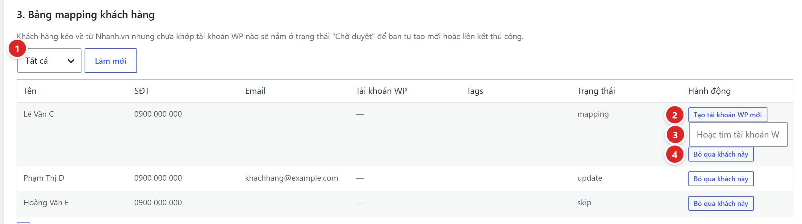 Bảng mapping khách hàng với bộ lọc, nút Làm mới và các nút Tạo tài khoản WP mới, ô tìm tài khoản, Bỏ qua khách này