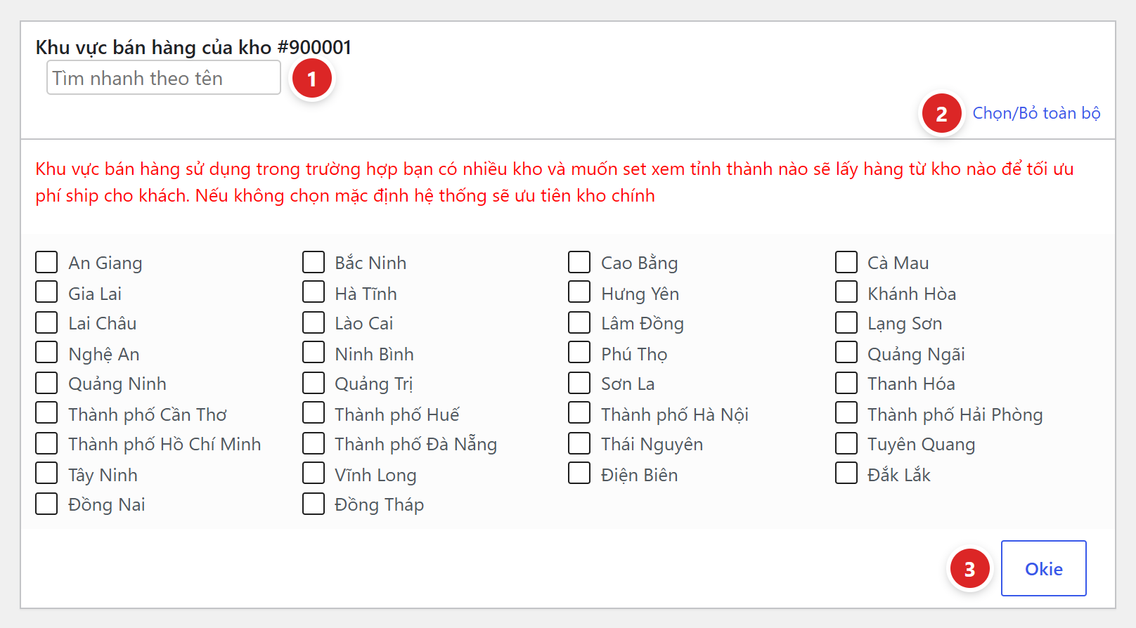 Hộp Khu vực bán hàng của một kho với ô tìm nhanh, liên kết Chọn/Bỏ toàn bộ, danh sách tỉnh thành và nút Okie