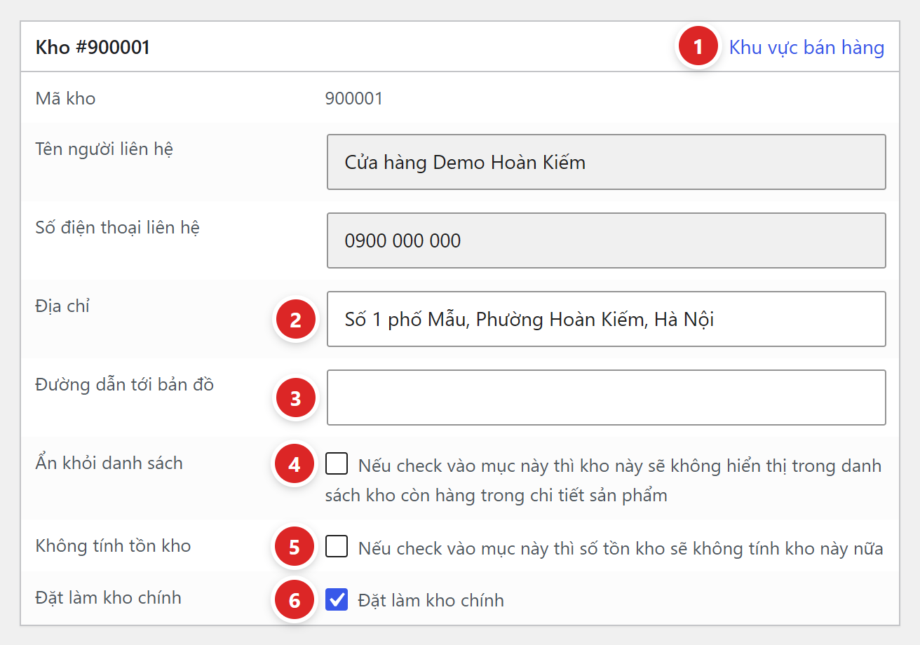 Thẻ một kho với mã kho, tên, số điện thoại, địa chỉ, đường dẫn bản đồ và ba ô tích Ẩn khỏi danh sách, Không tính tồn kho, Đặt làm kho chính
