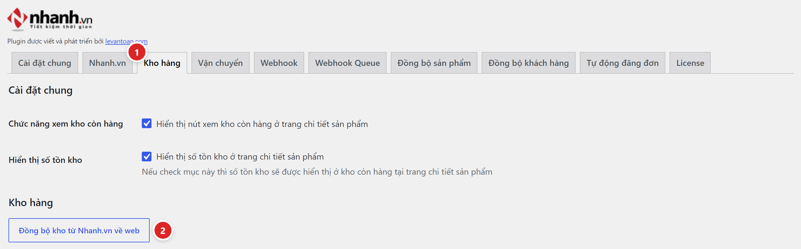 Tab Kho hàng với hai ô cài đặt xem kho còn hàng và nút Đồng bộ kho từ Nhanh.vn về web