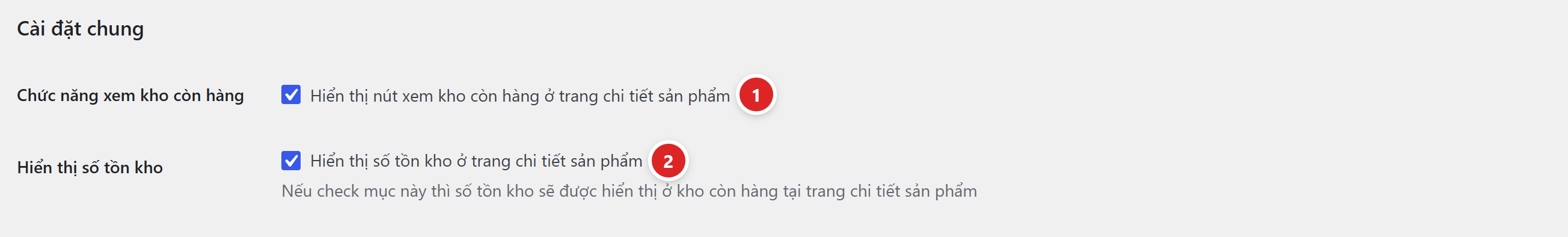 Hai ô Chức năng xem kho còn hàng và Hiển thị số tồn kho ở đầu tab Kho hàng