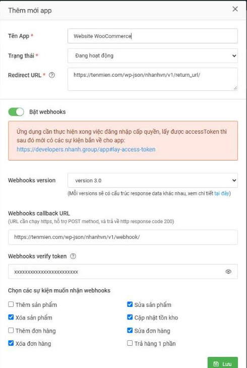 Form Thêm mới app trên open.nhanh.vn với Tên App, Trạng thái, Redirect URL, Bật webhooks, Webhooks version 3.0, callback URL, verify token và các sự kiện