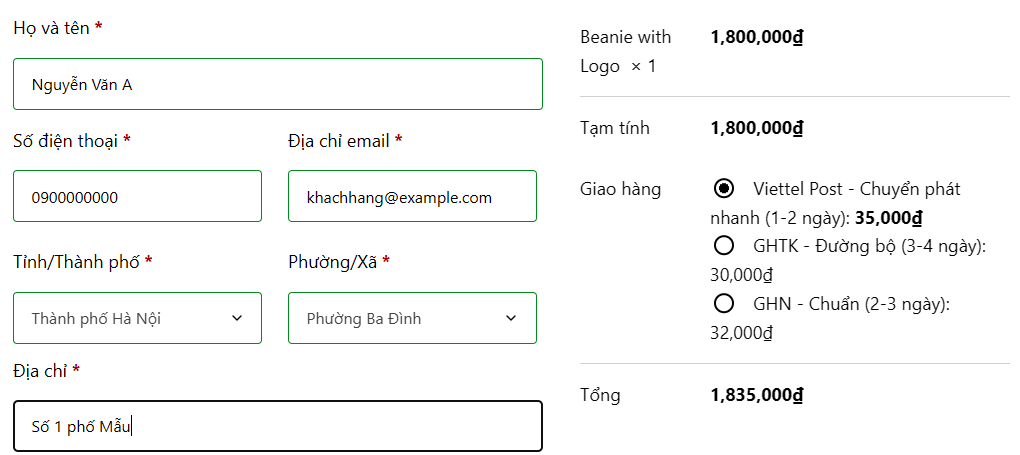 Trang thanh toán với địa chỉ khách mẫu và ba dịch vụ vận chuyển kèm thời gian giao và giá
