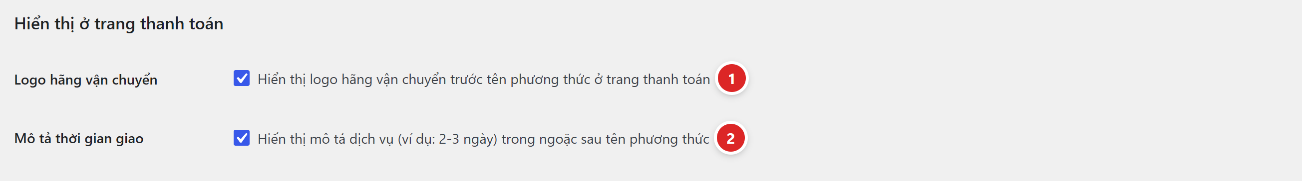 Khối Hiển thị ở trang thanh toán với hai ô Logo hãng vận chuyển và Mô tả thời gian giao