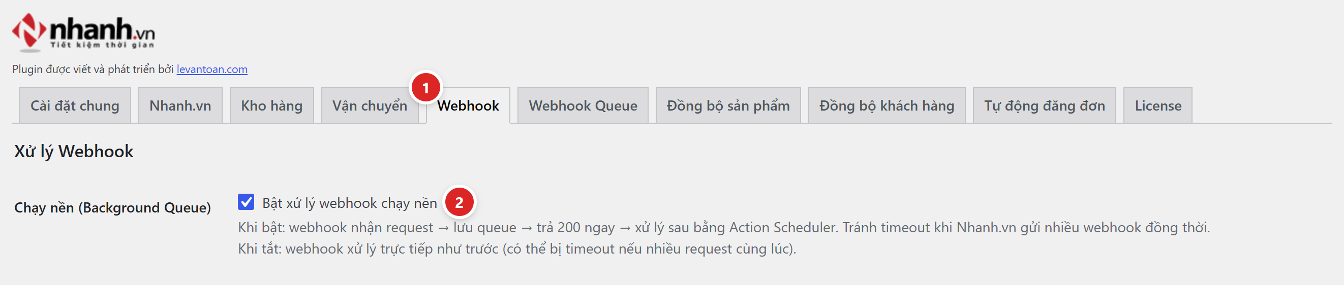 Tab Webhook với ô Chạy nền Background Queue đang bật và giải thích cách xử lý