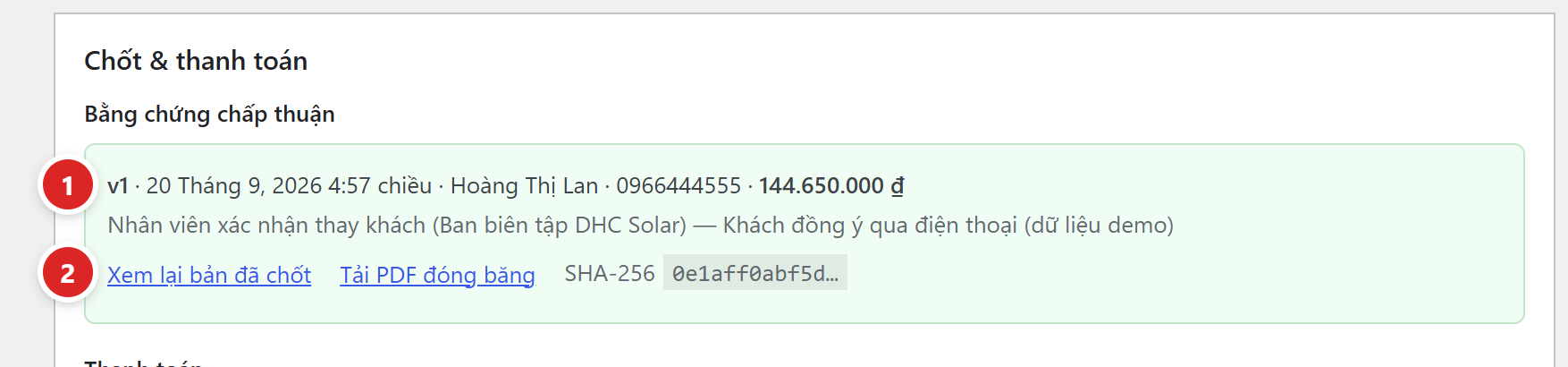 Khung Chốt và thanh toán, mục Bằng chứng chấp thuận: v1, ngày giờ, tên và số điện thoại khách, tổng 144.650.000 đồng; dòng Nhân viên xác nhận thay khách kèm nguồn; liên kết Xem lại bản đã chốt, Tải PDF đóng băng và mã SHA-256