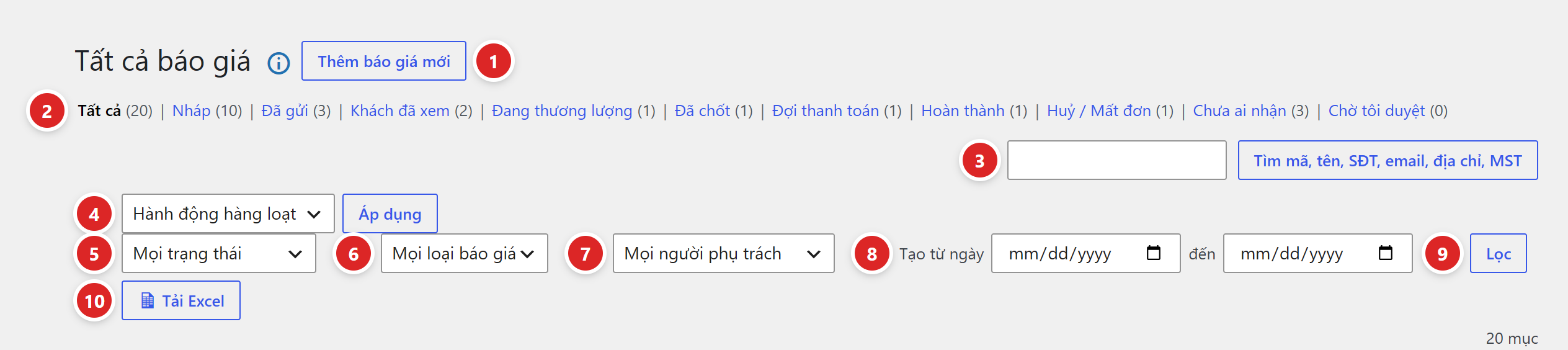 Đầu trang Tất cả báo giá: nút Thêm báo giá mới, hàng lối lọc Tất cả, Nháp, Đã gửi, Khách đã xem, Đang thương lượng, Đã chốt, Đợi thanh toán, Hoàn thành, Huỷ / Mất đơn, Chưa ai nhận, Chờ tôi duyệt; ô tìm; Hành động hàng loạt; các ô lọc trạng thái, loại, người phụ trách, ngày tạo; nút Lọc và Tải Excel