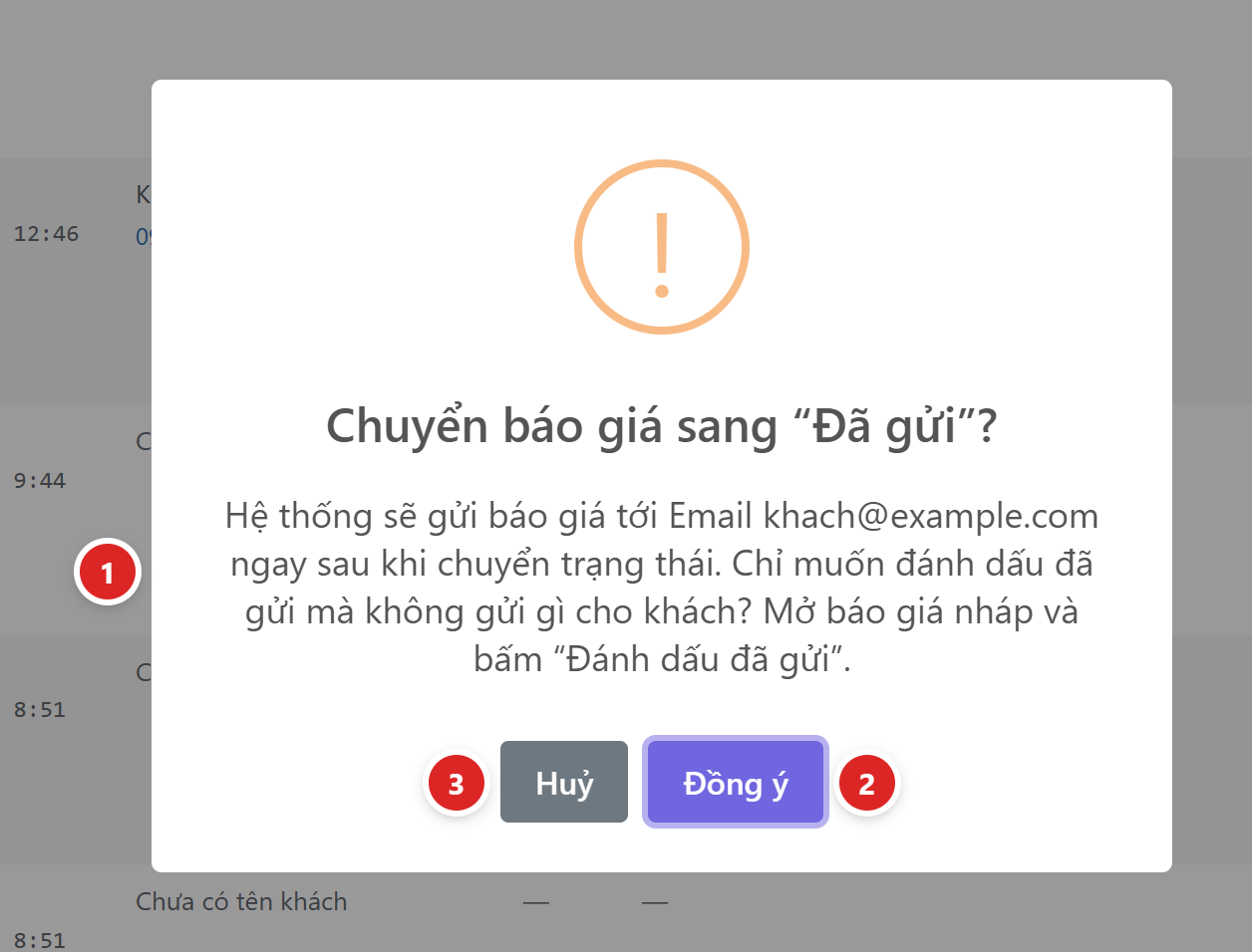 Hộp Chuyển báo giá sang Đã gửi với câu Hệ thống sẽ gửi báo giá tới Email kèm địa chỉ email ngay sau khi chuyển trạng thái, câu gợi ý Đánh dấu đã gửi cho báo giá nháp, nút Huỷ và Đồng ý