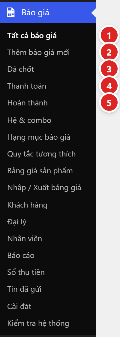 Menu Báo giá ở cột trái wp-admin: Tất cả báo giá, Thêm báo giá mới, Đã chốt, Thanh toán, Hoàn thành và các mục khác