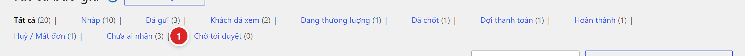 Hàng lối lọc nhanh ở danh sách báo giá, cuối hàng là lối Chờ tôi duyệt (0)