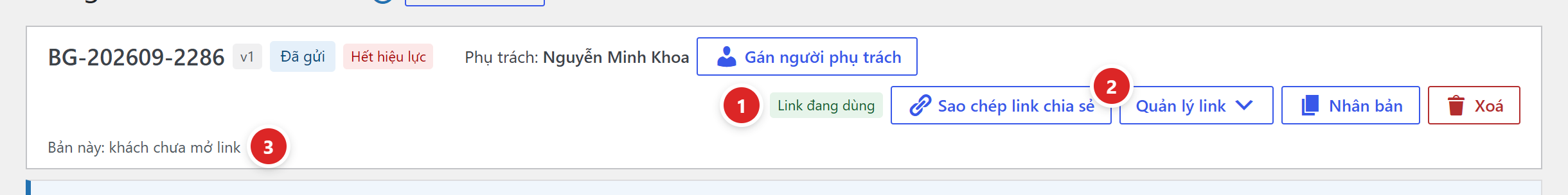 Đầu màn soạn của báo giá Đã gửi: nhãn Link đang dùng, nút Sao chép link chia sẻ và dòng Bản này: khách chưa mở link