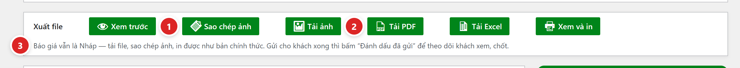 Thanh Xuất file của báo giá Nháp: nút Sao chép ảnh, Tải PDF và dòng nhắc Báo giá vẫn là Nháp — tải file, sao chép ảnh, in được như bản chính thức