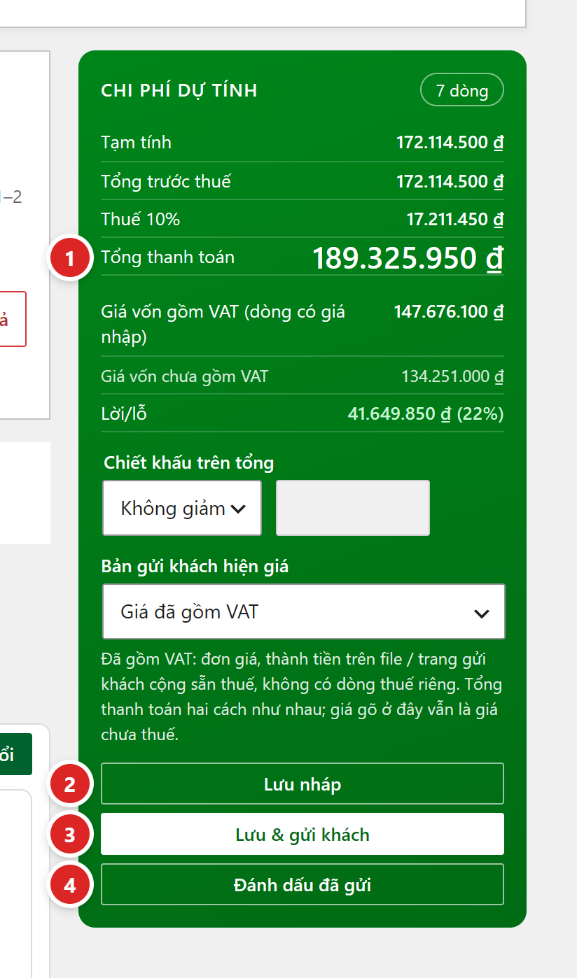 Cột Chi phí dự tính của báo giá mới sau khi nạp combo: Tổng thanh toán 189.325.950 đồng, nút Lưu nháp, Lưu và gửi khách, Đánh dấu đã gửi