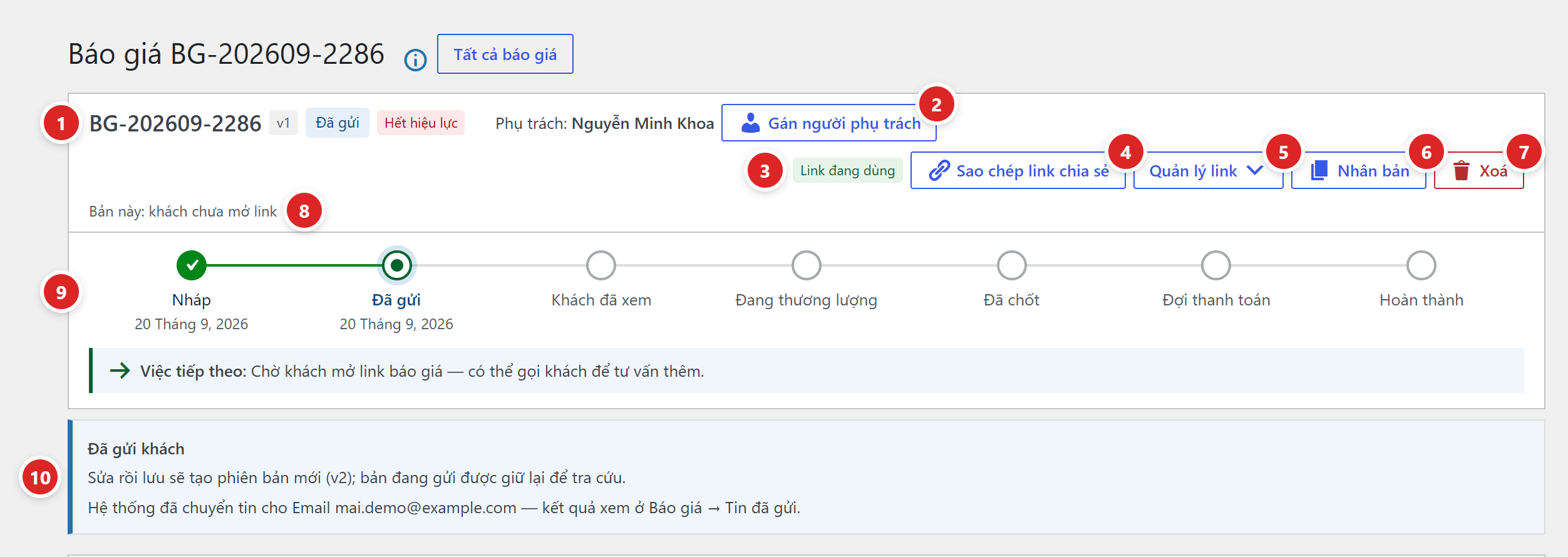 Đầu màn soạn báo giá BG-202609-2286: tiêu đề trang, nút Tất cả báo giá, mã v1 trạng thái Đã gửi, Phụ trách Nguyễn Minh Khoa, nút Gán người phụ trách, nhãn Link đang dùng, các nút Sao chép link chia sẻ, Quản lý link, Nhân bản, Xoá, dòng Bản này: khách chưa mở link, thanh bước Nháp → Đã gửi → Khách đã xem → Đang thương lượng → Đã chốt → Đợi thanh toán → Hoàn thành đang ở Đã gửi, dòng Việc tiếp theo và dải Đã gửi khách