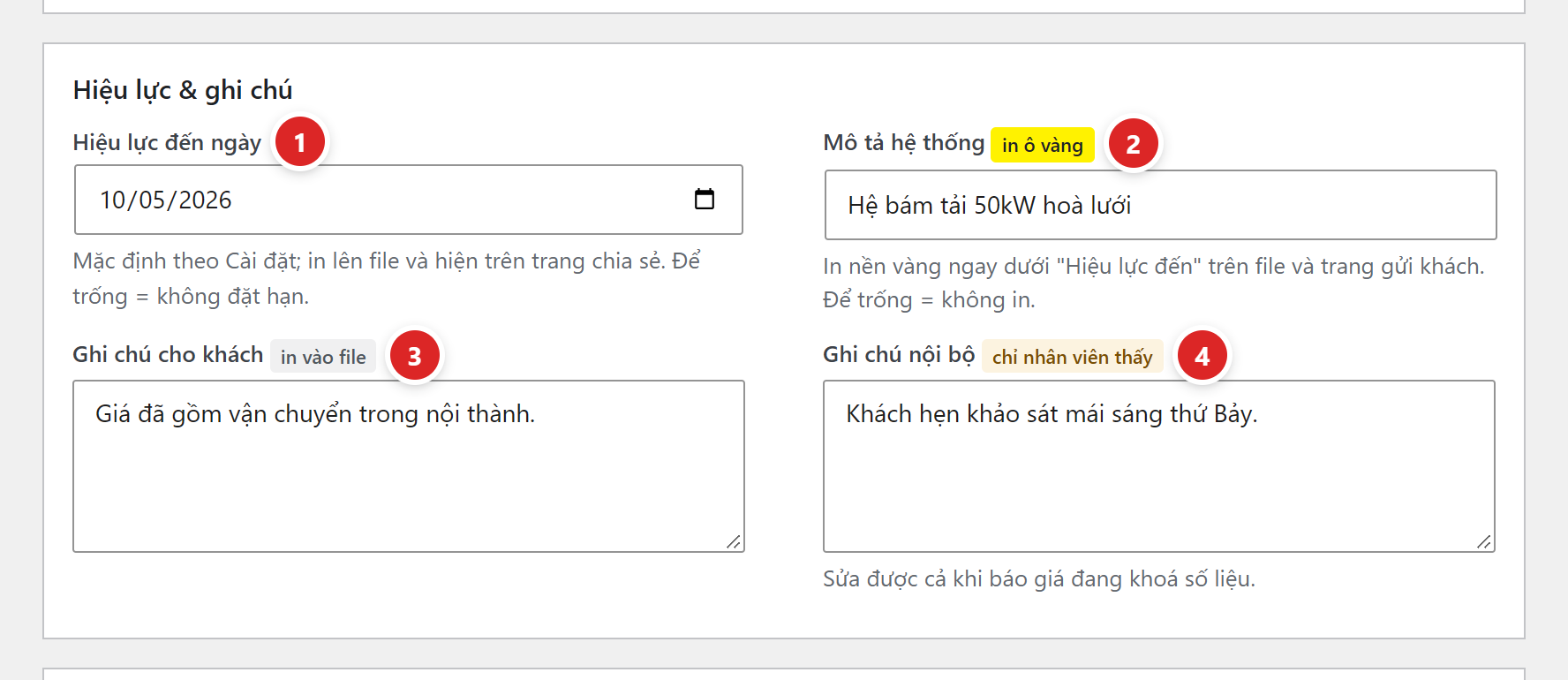 Khối Hiệu lực và ghi chú: ô Hiệu lực đến ngày, Mô tả hệ thống có nhãn in ô vàng, Ghi chú cho khách có nhãn in vào file, Ghi chú nội bộ có nhãn chỉ nhân viên thấy