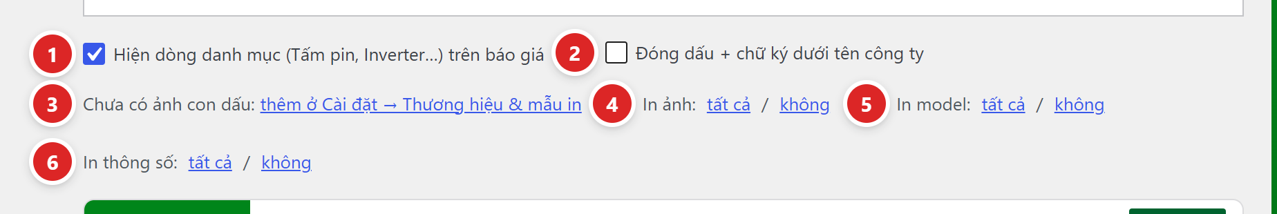 Thanh in: ô Hiện dòng danh mục trên báo giá đã tích, ô Đóng dấu + chữ ký dưới tên công ty, dòng Chưa có ảnh con dấu kèm liên kết, các cặp liên kết In ảnh, In model, In thông số: tất cả / không