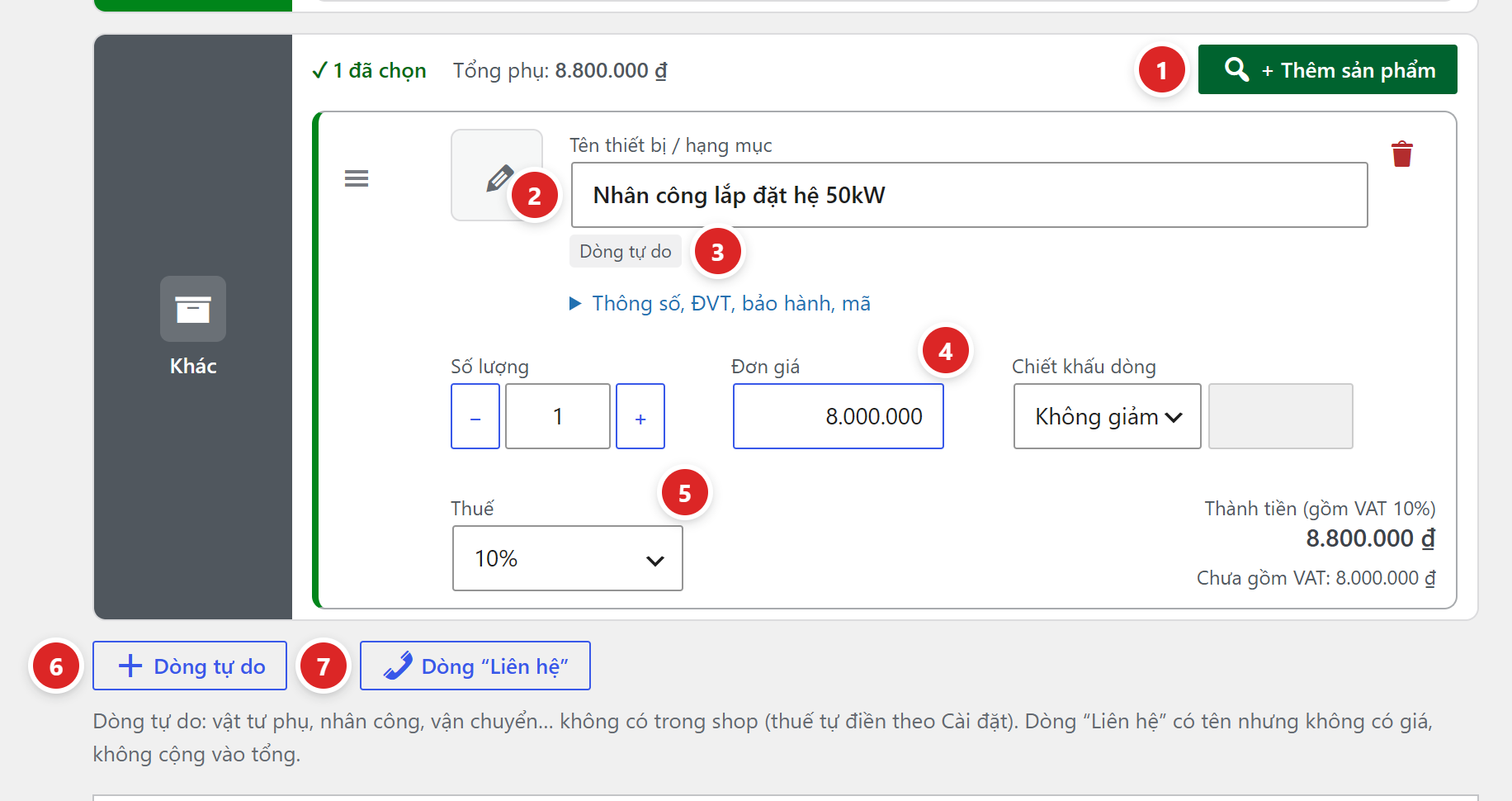Ô Khác có nút Thêm sản phẩm và một dòng tự do Nhân công lắp đặt hệ 50kW đơn giá 8.000.000 thuế 10%; bên dưới là nút Dòng tự do, Dòng Liên hệ và câu giải thích