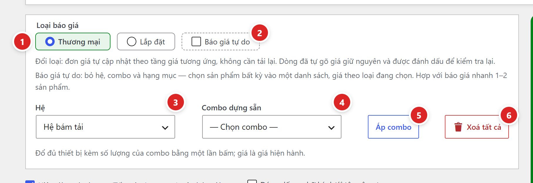 Khối Loại báo giá: nút chọn Thương mại, Lắp đặt, ô Báo giá tự do; ô Hệ đang chọn Hệ bám tải, ô Combo dựng sẵn, nút Áp combo và Xoá tất cả