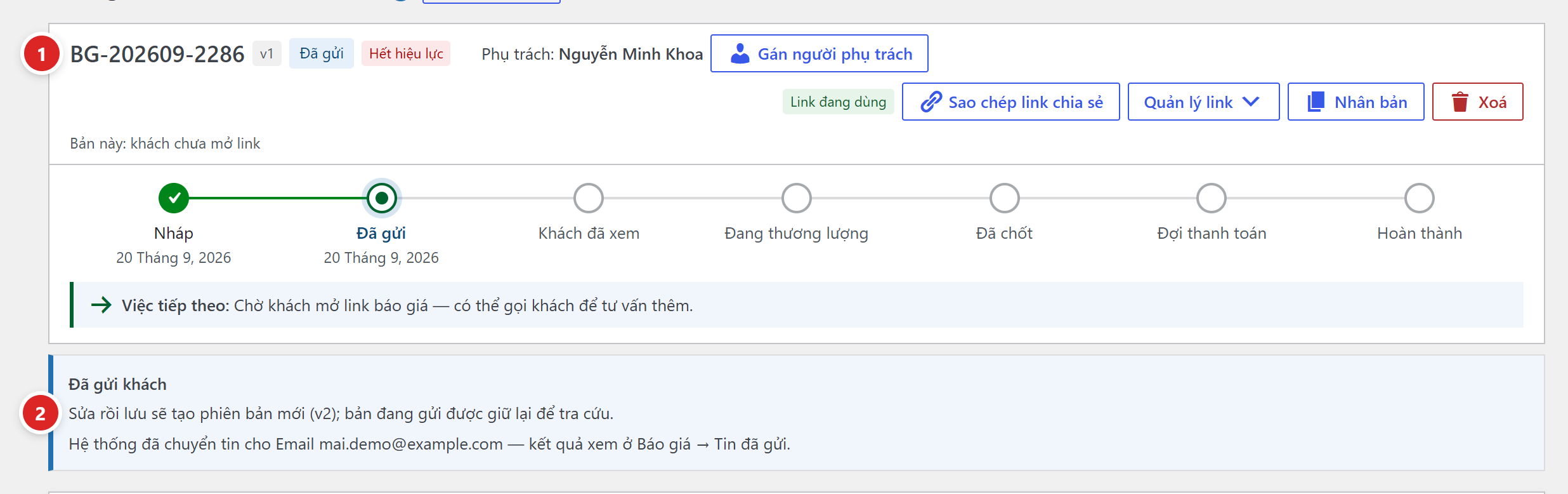 Đầu màn soạn của báo giá BG-202609-2286 v1 trạng thái Đã gửi, dải Đã gửi khách ghi Sửa rồi lưu sẽ tạo phiên bản mới v2, bản đang gửi được giữ lại để tra cứu