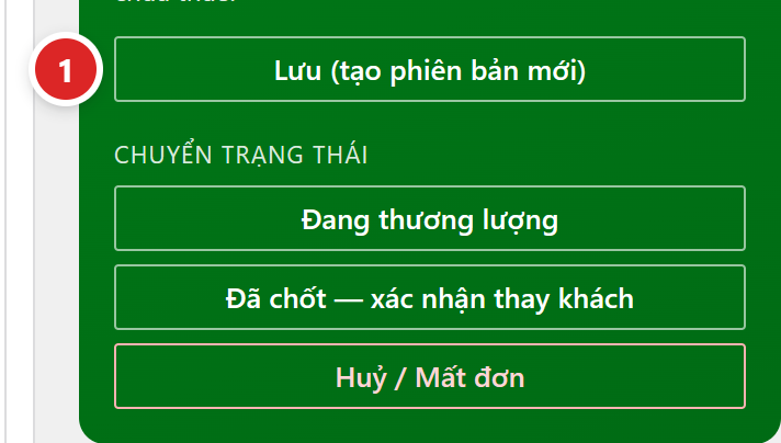 Nút Lưu (tạo phiên bản mới) của báo giá đã gửi, bên dưới là nhóm Chuyển trạng thái